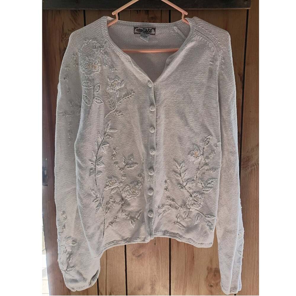 Vintage Y2K Ivory Floral Embroidered Beaded Cardigan Womens Large Ramie Cotton